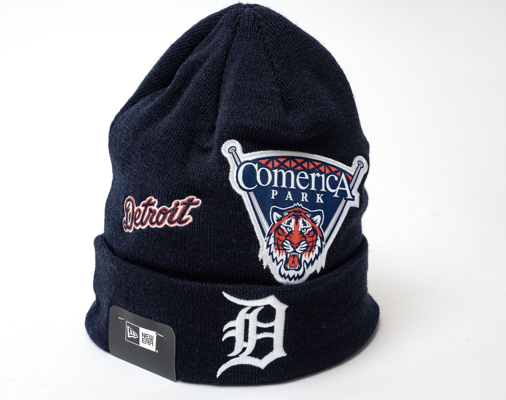 Official New Era Detroit Tigers Multi Patch Navy Cuff Knit Hat