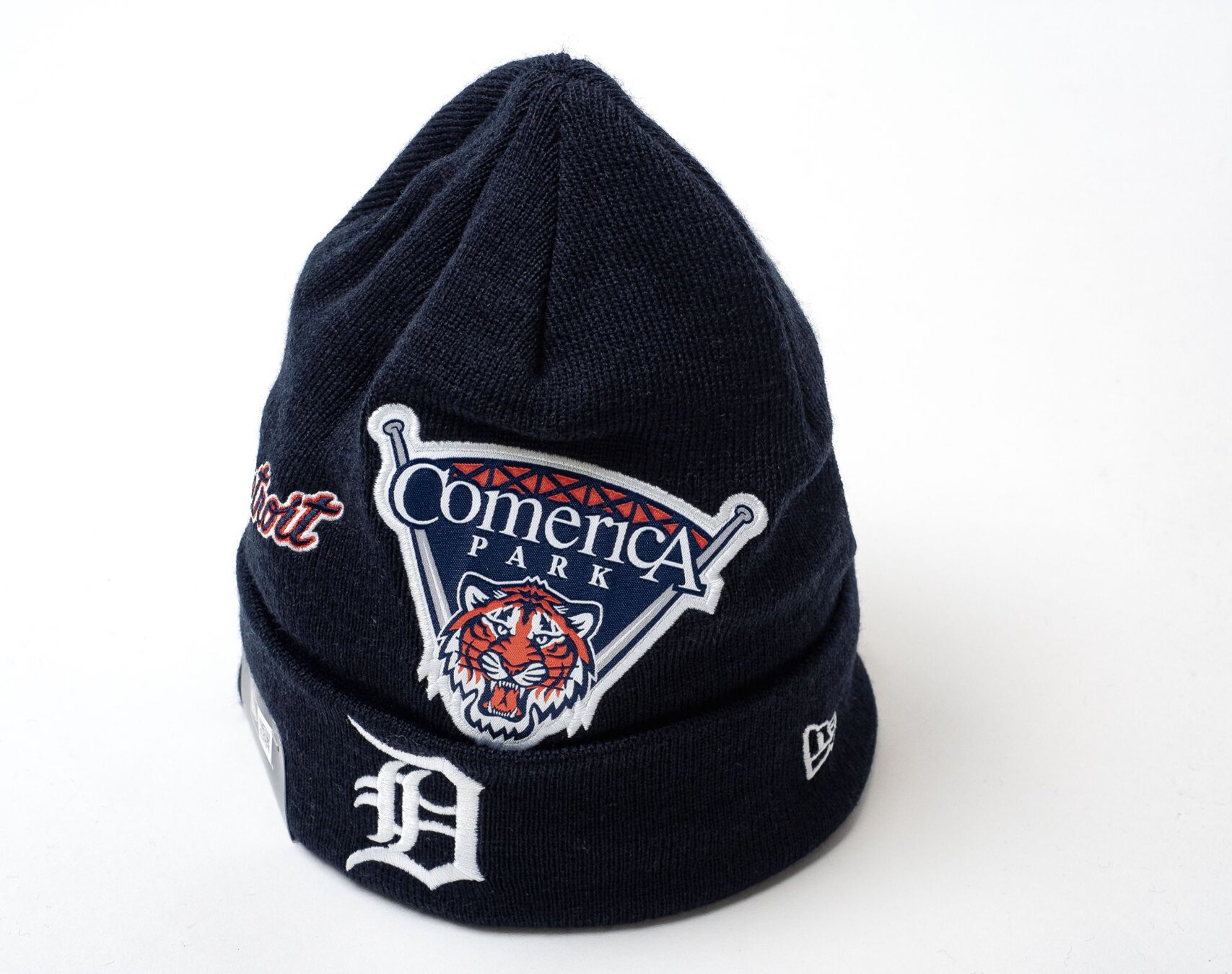 Official New Era Detroit Tigers Multi Patch Navy Cuff Knit Hat