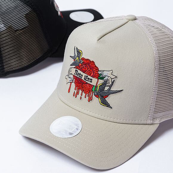 Dámská kšiltovka New Era - 9FORTY Trucker - Birds & Roses Tattoo - Stone