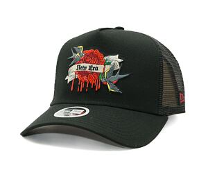 Dámská kšiltovka New Era - 9FORTY Trucker - Birds & Roses Tattoo - Black