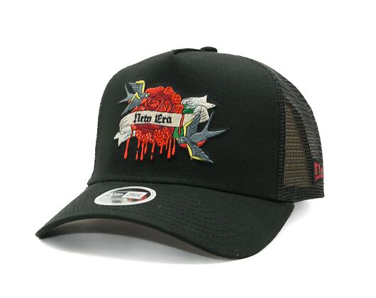 Dámská kšiltovka New Era - 9FORTY Trucker - Birds & Roses Tattoo - Black