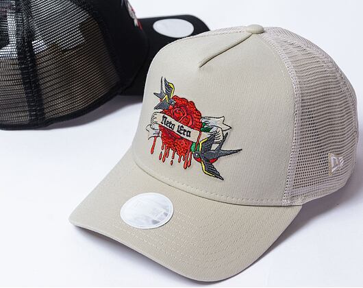 Dámská kšiltovka New Era - 9FORTY Trucker - Birds & Roses Tattoo - Stone